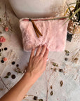 Pink Vegan Fur Zipper Accessories Pouch Clutch