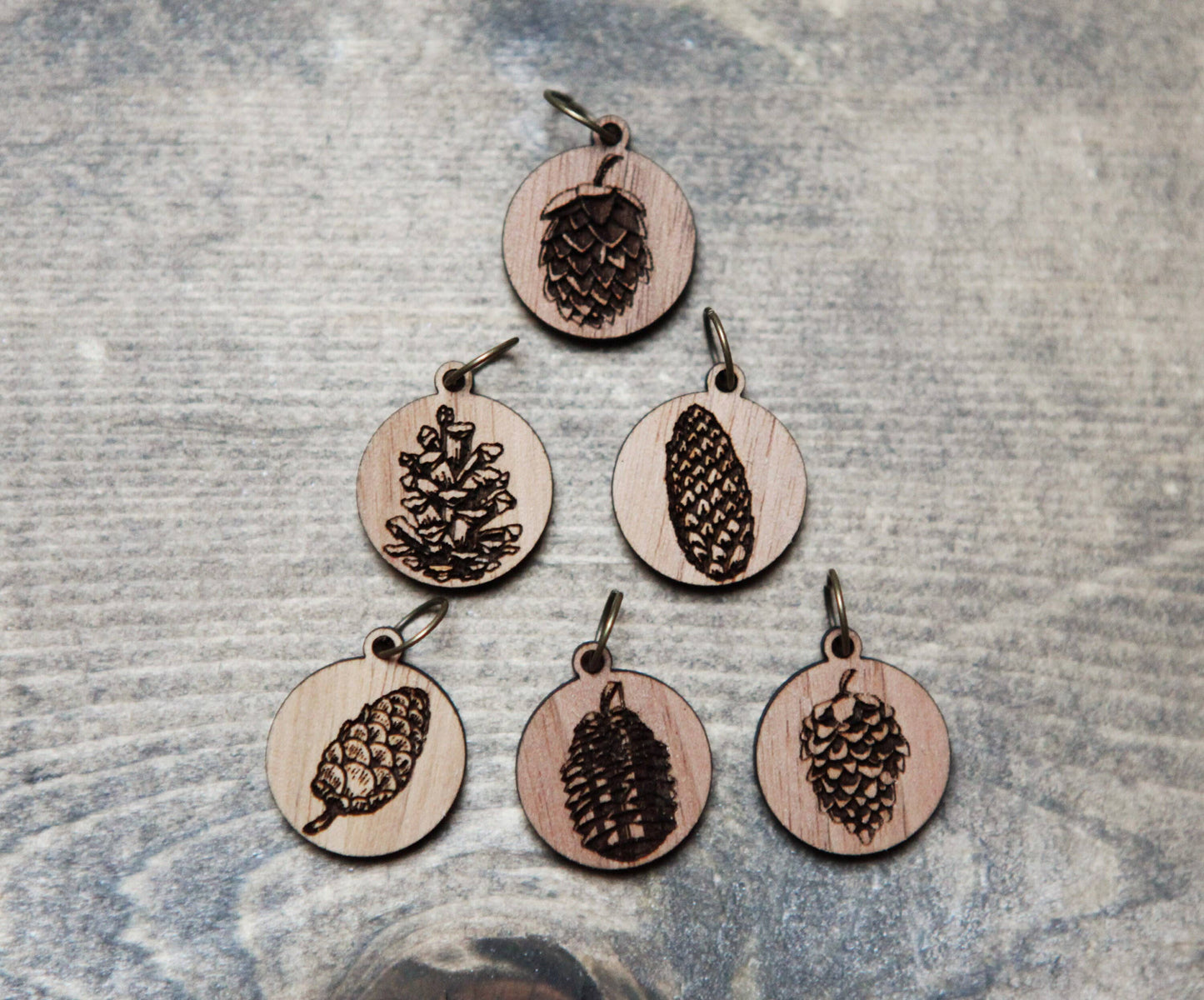 Knitting Stitch Markers - Walnut - Set of 6 - Pine Cones