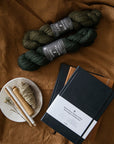 Two skeins of yarn and a weekly knitting planner on a brown fabric background