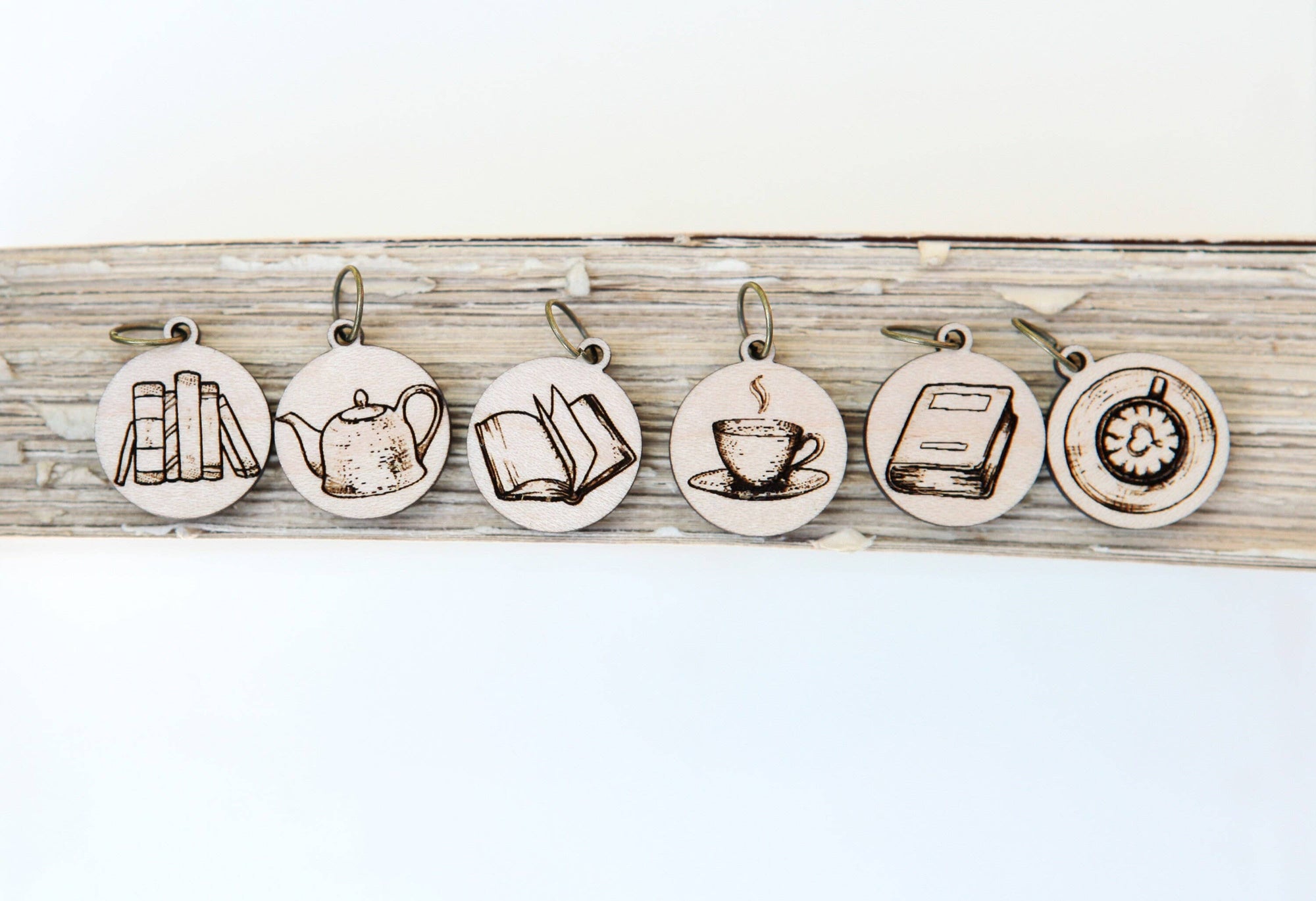 Maple Wood Knitting Stitch Markers Books &amp; Coffee Set of 6