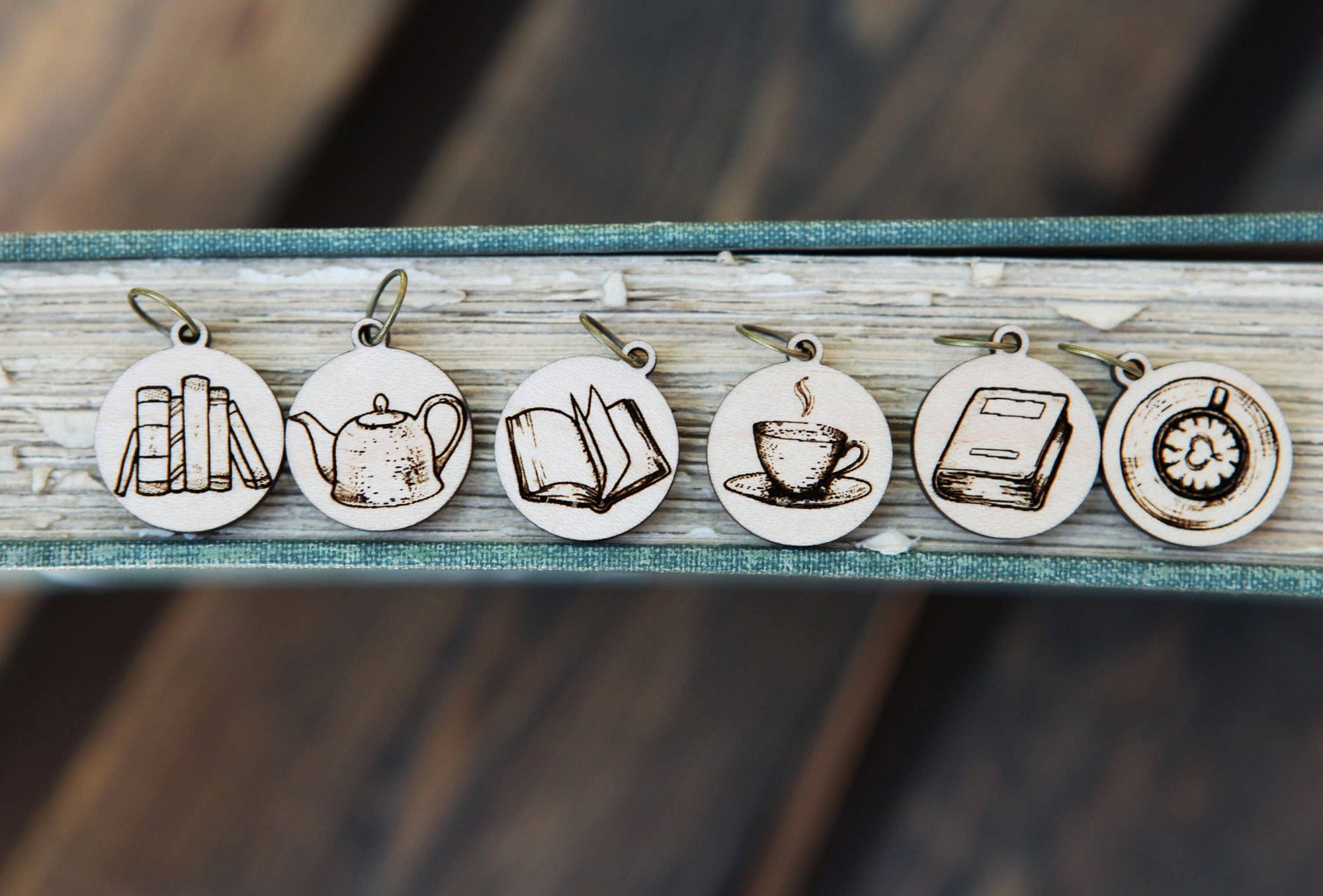Maple Wood Knitting Stitch Markers Books &amp; Coffee Set of 6