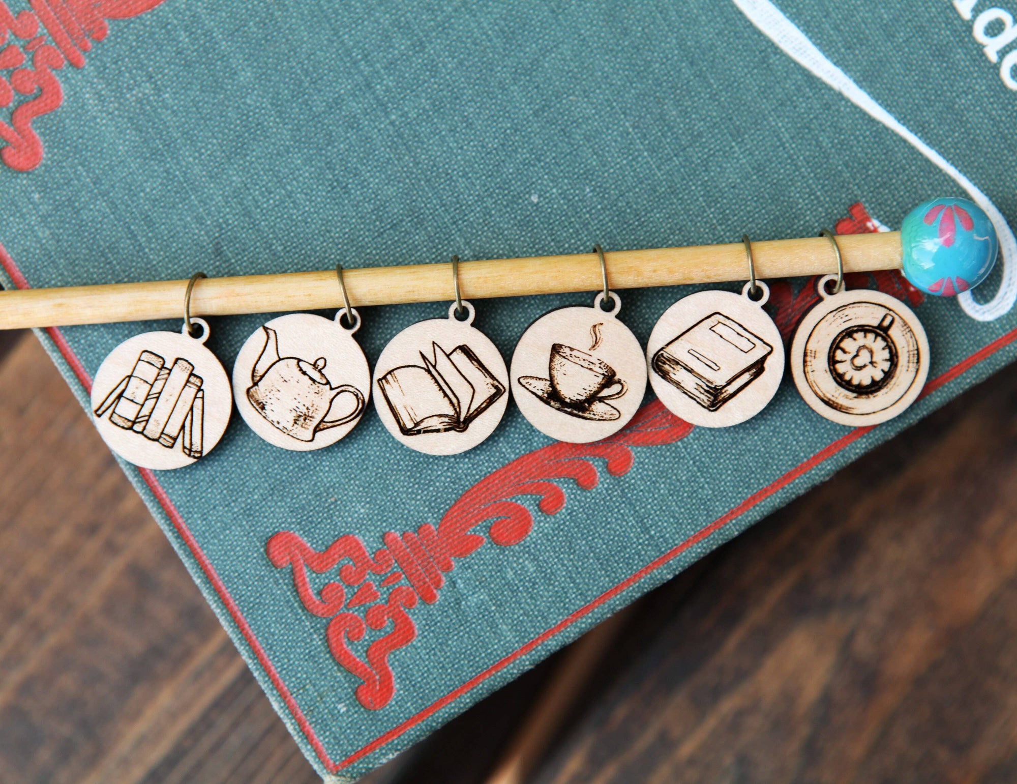 Maple Wood Knitting Stitch Markers Books &amp; Coffee Set of 6