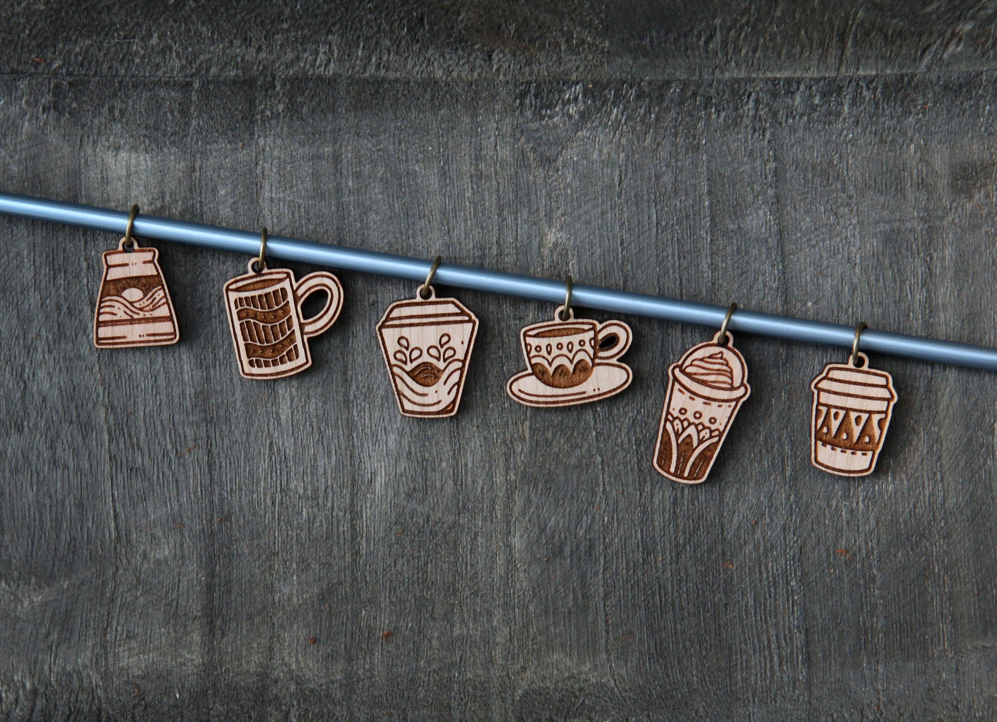 Cherry Wood Coffee Cup Stitch Markers for Knitting, Set of 6