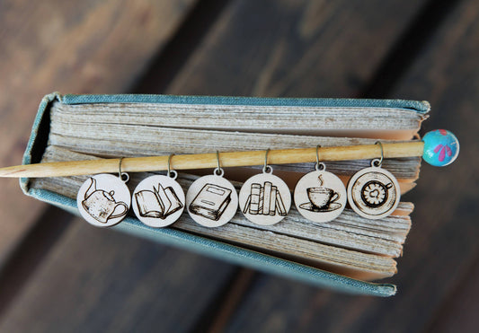 Maple Wood Knitting Stitch Markers Books & Coffee Set of 6