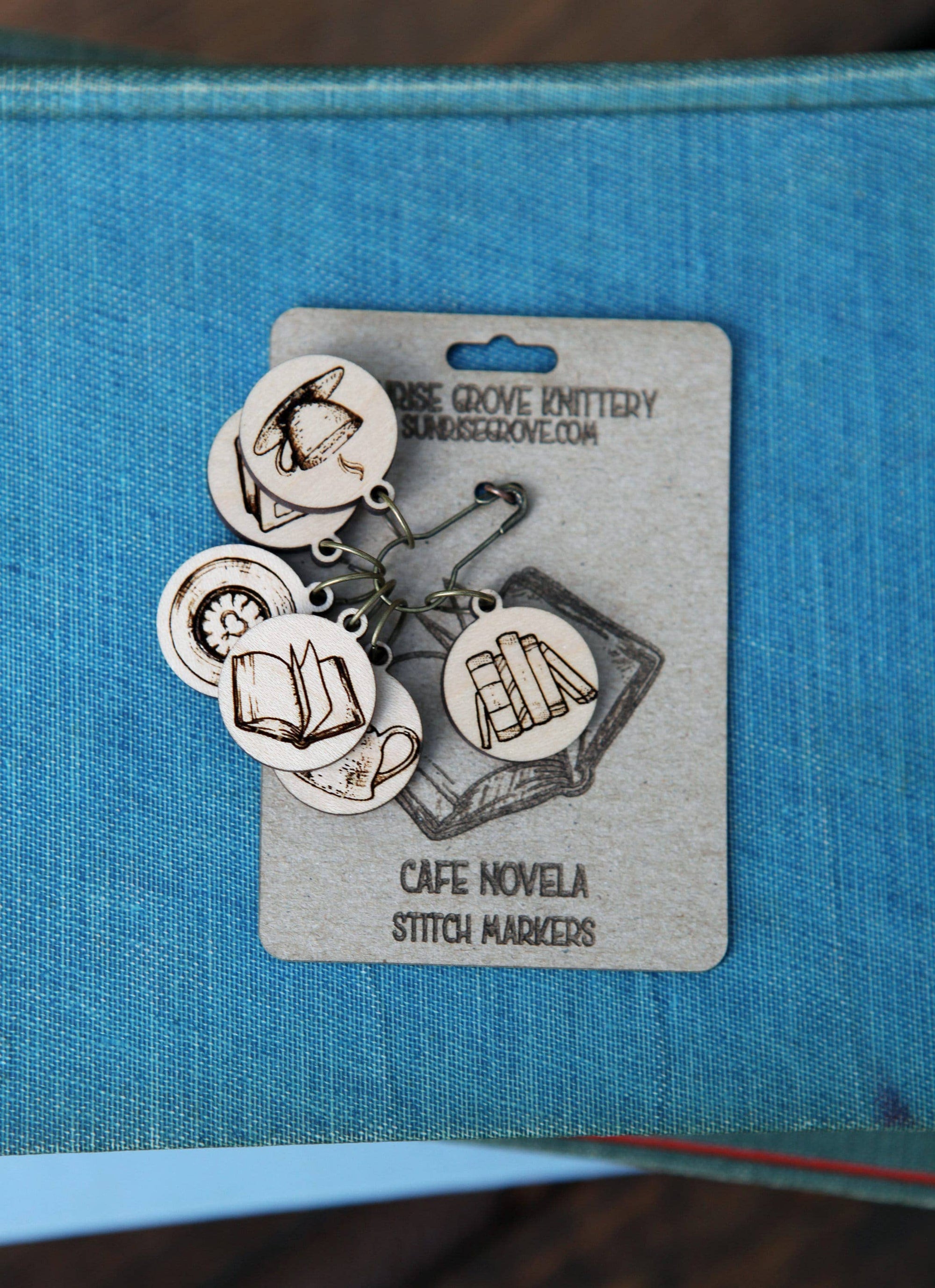 Maple Wood Knitting Stitch Markers Books &amp; Coffee Set of 6