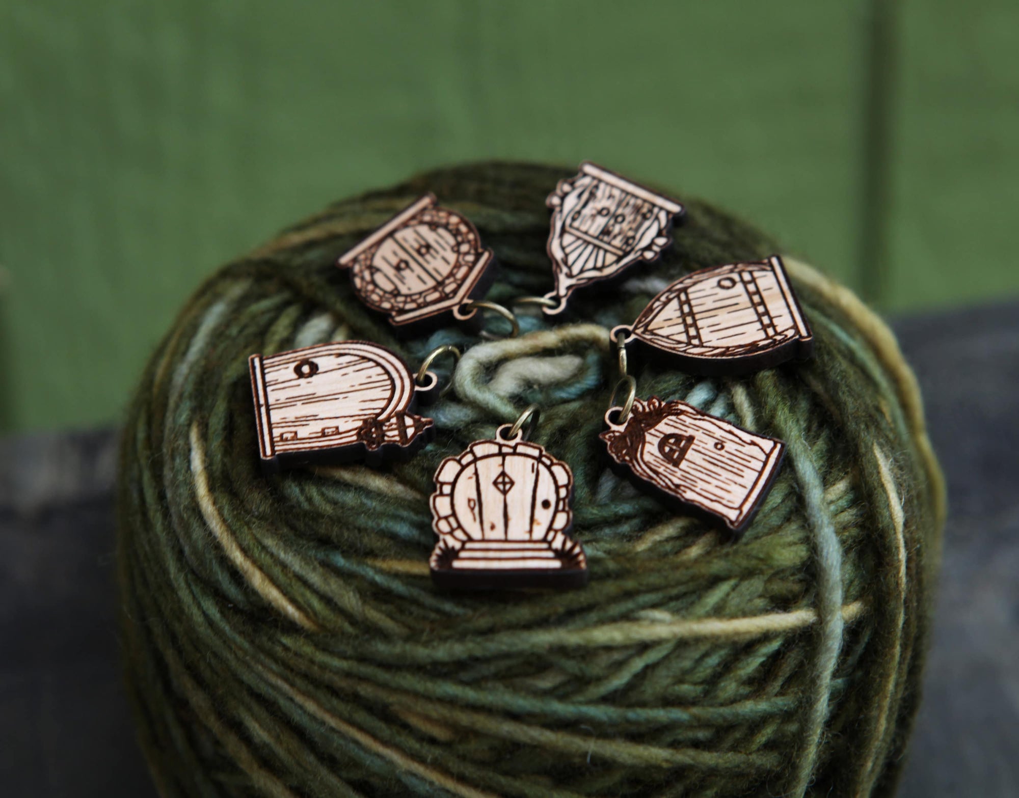 Cherry Wood Fairy &amp; Gnome Door Stitch Markers, Set of 6