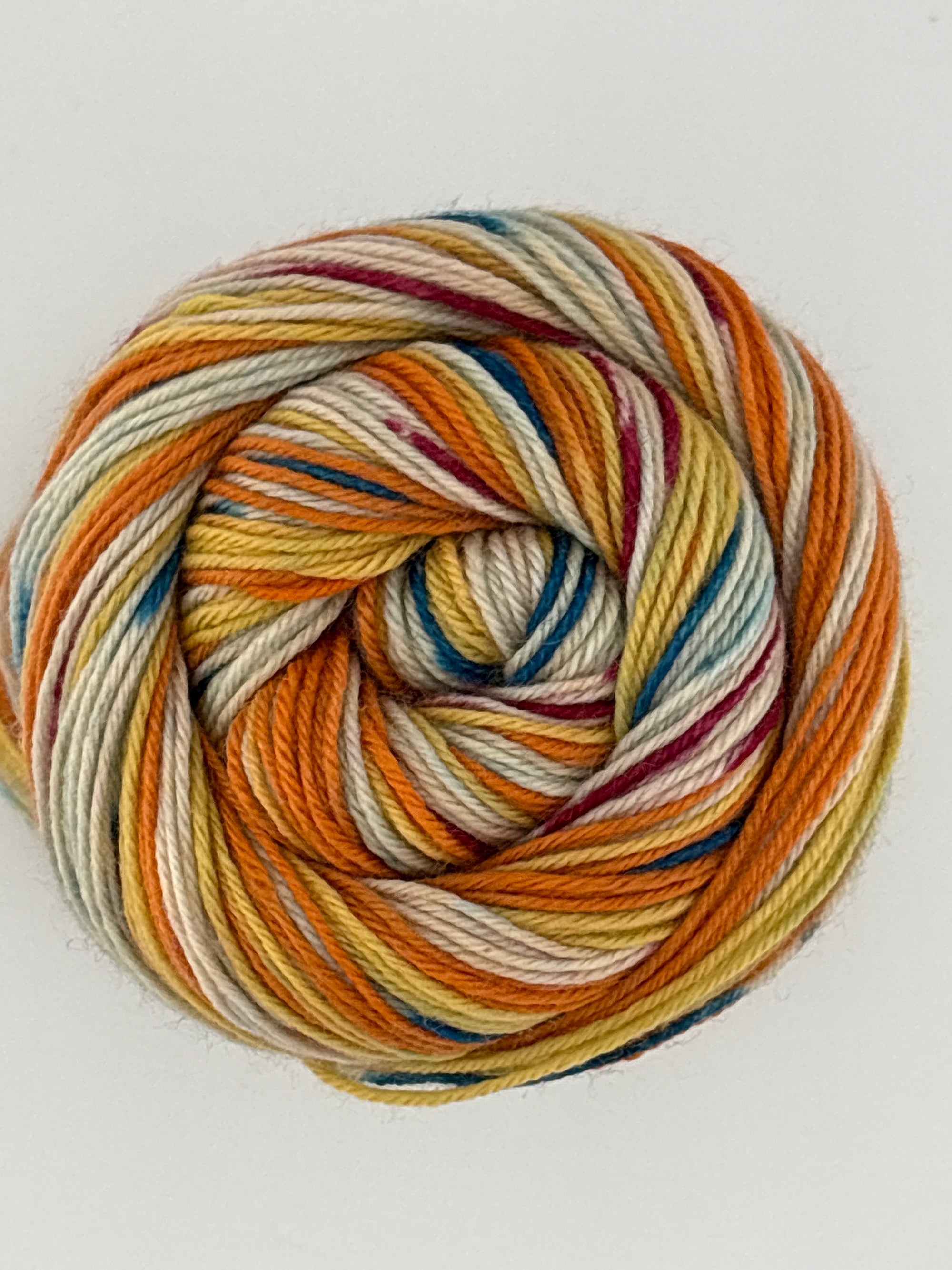 Multicolored skein of yarn on a white background