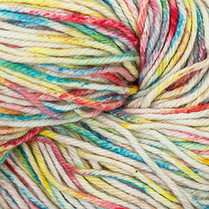 A close-up image of a multicolored worsted weight yarn skein with vibrant splashes of red, blue, and yellow