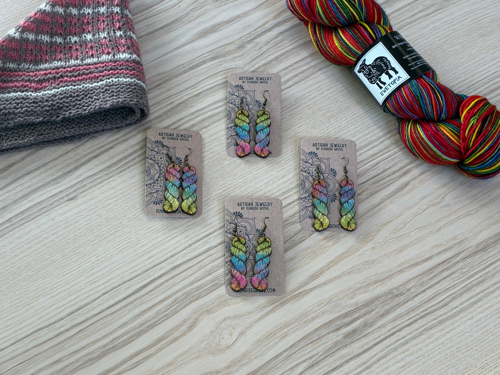 Sunrise Grove - Yarn Hank Earrings - Mixed Colors/Wood for Fiber Enthusiasts