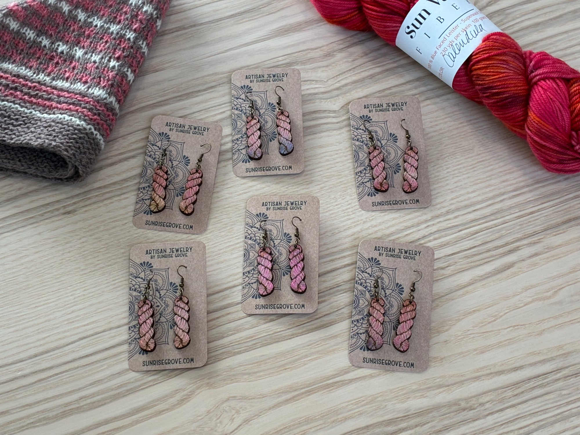 Sunrise Grove - Yarn Hank Earrings - Mixed Colors/Wood for Fiber Enthusiasts
