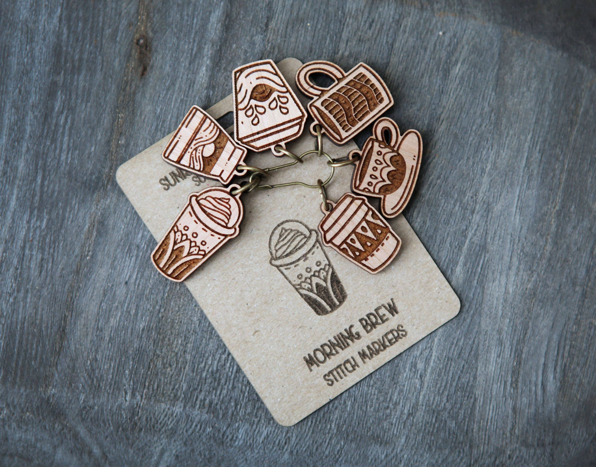 Cherry Wood Coffee Cup Stitch Markers for Knitting, Set of 6