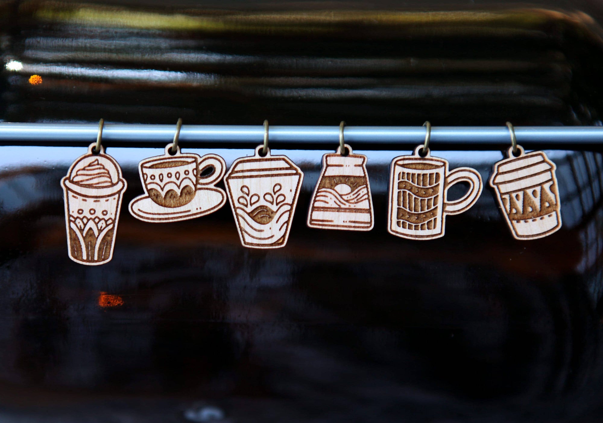 Cherry Wood Coffee Cup Stitch Markers for Knitting, Set of 6