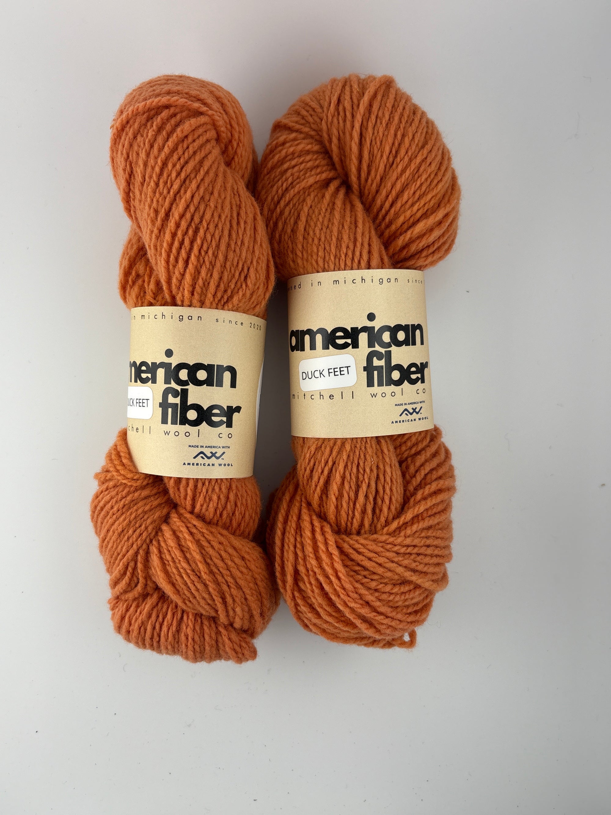 Two skein of Mitchell Wool Co. Rambo DK in Duck Feet (orange)