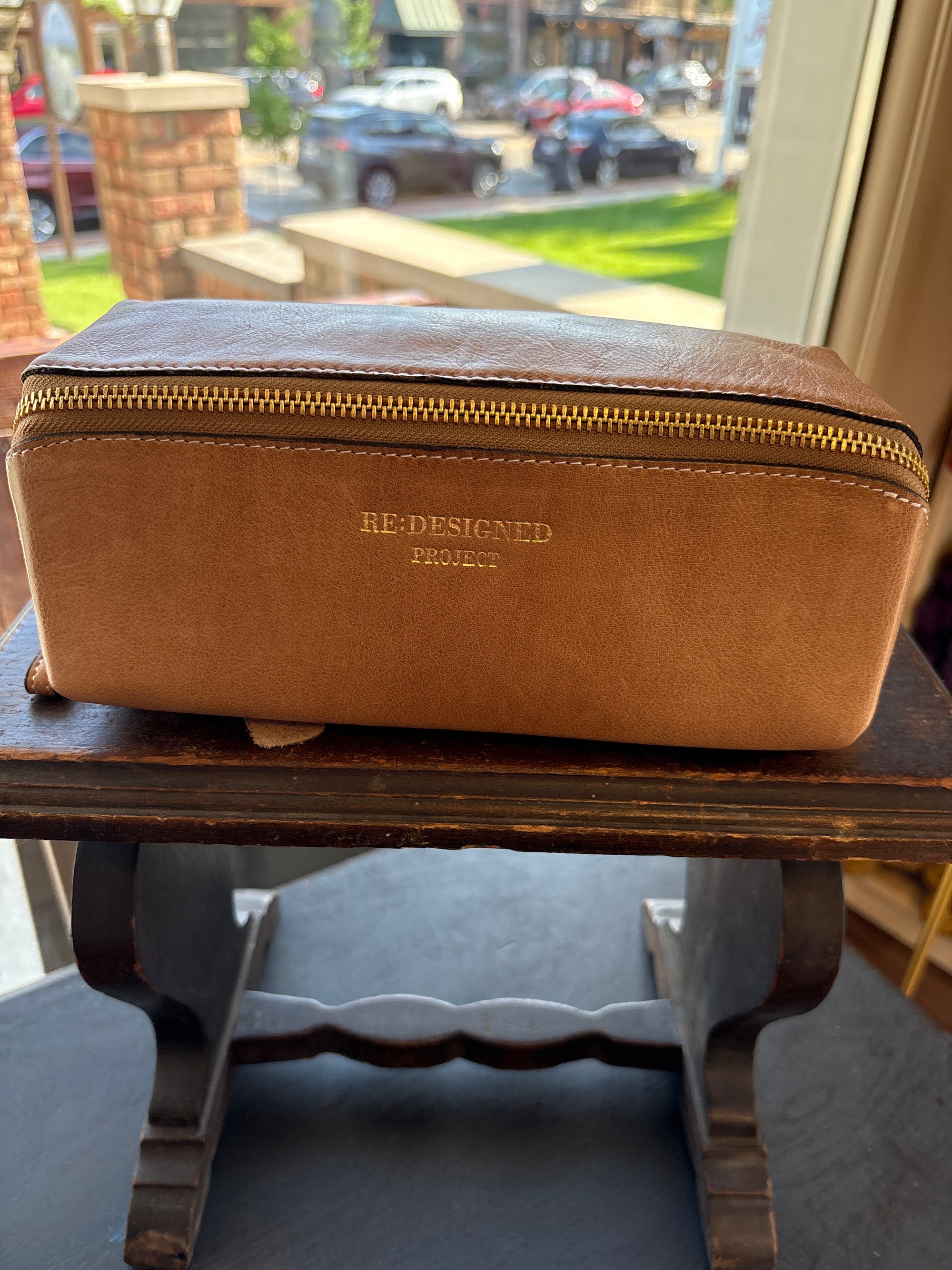 Re:Designed Project 41 brown leather knitting bag with gold zipper