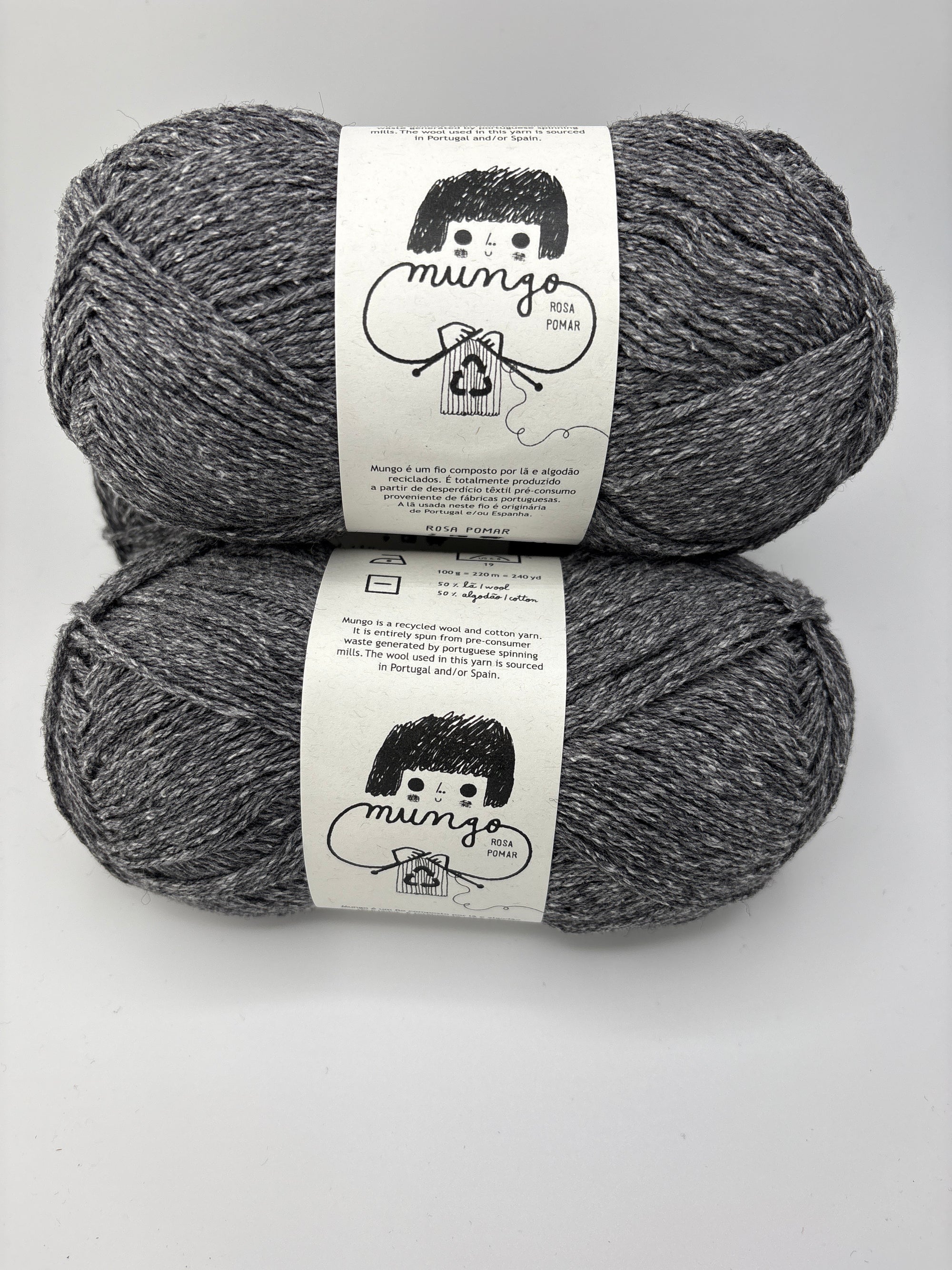 Two skeins of charcoal gray yarn with labels on a white background