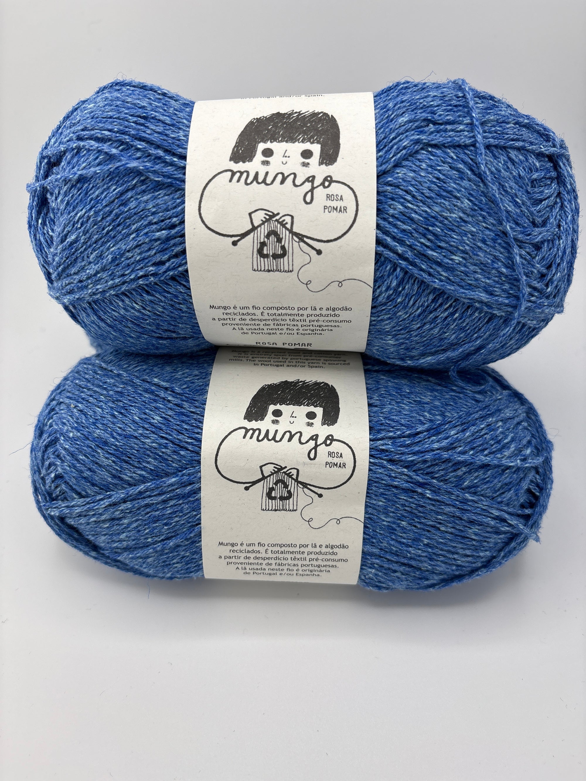Two blue skeins of yarn with labels on a gray background